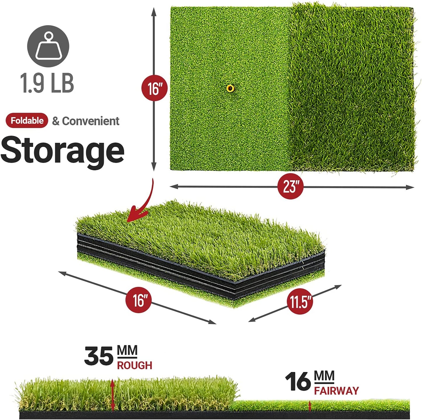 Foldable Heavy-Duty Golf Hitting Mat, Practice Mat with 10Mm EVA Rubber Backing, Larger Size for Indoor/Outdoor Swing and Chipping Practice, Anti-Deformation